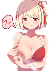 Rule 34 | 1girl, absurdres, areola measuring, artist name, bikini, bikini bottom aside, bikini top aside, bikini top only, blonde hair, breast press, breasts, cleavage, closed mouth, clothing aside, collarbone, feca, hair ribbon, highres, holding ruler, large breasts, looking at viewer, lycoris recoil, measuring, nipples, nishikigi chisato, one breast out, red bikini, red eyes, red ribbon, ribbon, ruler, short hair, smile, solo, speech bubble, swimsuit, tongue, tongue out, upper body, white background