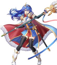 Rule 34 | 1girl, armor, attack, black gloves, black thighhighs, blue cape, blue eyes, blue hair, breastplate, caeda (fire emblem), caeda (marth&#039;s faithful) (fire emblem), cape, elbow gloves, fingerless gloves, fire emblem, fire emblem: mystery of the emblem, fire emblem heroes, fur-trimmed cape, fur trim, gloves, highres, holding, holding polearm, holding weapon, long hair, multicolored cape, multicolored clothes, nintendo, non-web source, official alternate costume, official art, open mouth, polearm, red cape, sheath, solo, sword, thighhighs, tiara, v-shaped eyebrows, weapon, white footwear, wing hair ornament