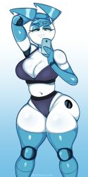 Rule 34 | 1girl, android, ass, blue hair, boots, breasts, cameltoe, cellphone, choker, cleavage, grin, highleg, highleg panties, highres, holding, holding phone, huge ass, jenny wakeman, joints, large breasts, my life as a teenage robot, naughty face, nsfwskully, panties, phone, robot girl, selfie, smile, solo, thick thighs, thigh boots, thighhighs, thighs, twintails, underwear, wide hips