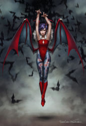 Rule 34 | 1girl, animal print, arms up, bare shoulders, bat print, bat wings, blood, boots, demon girl, fernanda suarez, flat chest, floating, head wings, injury, leotard, lilith aensland, newsha, pantyhose, patterned legwear, print pantyhose, purple hair, red eyes, red leotard, scratches, short hair, solo, torn clothes, torn pantyhose, vampire (game), wings