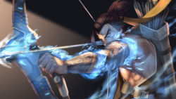 Rule 34 | 1boy, aiming, arrow (projectile), bare shoulders, blue eyes, blurry, bow (weapon), brown hair, covered mouth, depth of field, dragon tattoo, drawing bow, furrowed brow, hanzo (overwatch), holding, holding bow (weapon), holding weapon, ice, male focus, muscular, outstretched arm, overwatch, overwatch 1, ponytail, quiver, shade, solo, tattoo, upper body, weapon, whitem (whiteemperor2020)