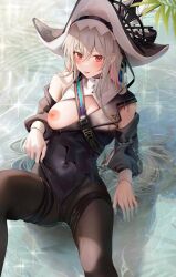Rule 34 | 1girl, :p, arknights, black dress, black hat, black pantyhose, blush, breasts, cameltoe, cleavage, clothing cutout, detached sleeves, dress, grey hair, hair between eyes, hat, highres, holding, large breasts, leotard, long hair, long sleeves, looking at viewer, nail polish, nipples, one breast out, pantyhose, red eyes, ru zhai, single bare shoulder, solo, specter (arknights), specter the unchained (arknights), thighs, tongue, tongue out, very long hair, water, wet, white hair