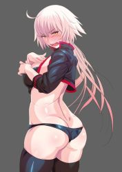Rule 34 | 1girl, ass, bikini, black bikini, black jacket, breasts, butt crack, cropped jacket, embarrassed, fate/grand order, fate (series), from behind, grey background, jacket, jeanne d&#039;arc alter (swimsuit berserker) (fate), jeanne d&#039;arc (fate), jeanne d&#039;arc alter (fate), jeanne d&#039;arc alter (swimsuit berserker) (fate), long hair, looking at viewer, looking back, makoto osamu, medium breasts, open mouth, shiny skin, shrug (clothing), silver hair, simple background, solo, standing, swimsuit, teeth, yellow eyes