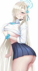 Rule 34 | 1girl, ass, asuna (blue archive), blonde hair, blue archive, blue eyes, breasts, halo, highres, kono (xerondan321), large breasts, long hair, looking at viewer, no bra, no panties, paid reward available, school uniform, scrunchie, skirt, smile, thighs, very long hair, wrist scrunchie