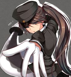 Rule 34 | 1girl, akitsu maru (kancolle), akitsu maru (kancolle) (cosplay), black hat, black shirt, brown hair, cosplay, eyebrows, eyes visible through hair, fighting stance, foreshortening, gloves, green eyes, grey background, hair over one eye, hat, highres, holding, holding sword, holding weapon, houshou (kancolle), kantai collection, katana, long hair, long sleeves, looking at viewer, outline, outstretched arm, parody, peaked cap, perspective, ponytail, rurouni kenshin, sazamiso rx, shirt, simple background, solo, sword, translation request, unsheathed, upper body, weapon, white gloves