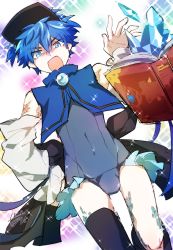 Rule 34 | 10s, 1boy, adapted costume, arm up, bare shoulders, blue eyes, blue hair, blue one-piece swimsuit, blue thighhighs, book, brooch, bulge, covered navel, cowboy shot, crop top, crossdressing, detached sleeves, dutch angle, fate/extra, fate/extra ccc, fate (series), floating, floating book, floating object, frills, frostbite, hair tie, hand on own hip, hans christian andersen (fate), highres, ice, jewelry, looking at viewer, magical boy, magical girl, male focus, matching hair/eyes, minazaka, one-piece swimsuit, ribbon, ribbon trim, scar, school swimsuit, short hair, showgirl skirt, solo, sparkle background, swimsuit, thighhighs, two side up, visor cap, wide sleeves