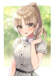 Rule 34 | 1girl, blurry, brown eyes, collared dress, depth of field, dress, green background, long hair, looking at viewer, nijisanji, open mouth, parted bangs, ponytail, shirt, short sleeves, sister claire, sister claire (3rd costume), smile, solo, sumisaki yuzuna, virtual youtuber