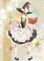 Rule 34 | 1girl, blonde hair, bloomers, braid, female focus, floating, floating object, hat, kirisame marisa, long hair, mary janes, mitsuk, mitsukura chikage, pigeon-toed, pointing, shoes, smile, solo, standing, star (symbol), touhou, underwear, witch, witch hat, yellow eyes