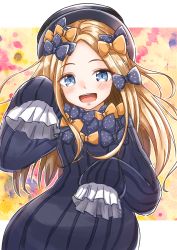 Rule 34 | 1girl, abigail williams (fate), bad id, bad pixiv id, black bow, black dress, black hat, blonde hair, blue eyes, blush, bow, dress, fate/grand order, fate (series), forehead, hair bow, hat, highres, long hair, long sleeves, looking at viewer, md5 mismatch, open mouth, orange bow, parted bangs, polka dot, polka dot bow, resolution mismatch, ribbed dress, sleeves past fingers, sleeves past wrists, smile, solo, source smaller, toonoki