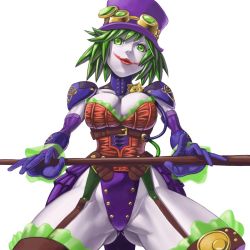 Rule 34 | 1girl, animification, bodysuit, breasts, cleavage, dc comics, duela dent, gloves, goggles, goggles on headwear, green eyes, green hair, joker&#039;s daughter, lipstick, makeup, pale skin, shinonome (game hakkutsu tai), solo, teen titans, thighhighs, western comics (style), white background
