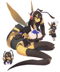 Rule 34 | 1girl, :o, absurdres, antennae, arms under breasts, arthropod girl, bee girl, black eyes, black hair, black skin, blue necktie, breasts, chibi, chibi inset, collared shirt, colored skin, commission, crossed arms, extra arms, facial mark, full body, hair between eyes, headphones, headset, highres, insect girl, insect wings, inu fuji, large breasts, medium hair, monster girl, necktie, no feet, no pupils, open mouth, original, puffy short sleeves, puffy sleeves, shirt, short sleeves, skeb commission, white background, wings, yellow skin
