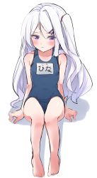 Rule 34 | 1girl, barefoot, blue archive, blue one-piece swimsuit, blush, commentary, feet, full body, hair ornament, hairclip, highres, hina (blue archive), hina (swimsuit) (blue archive), legs, long hair, old school swimsuit, one-piece swimsuit, pink eyes, school swimsuit, side ponytail, simple background, sitting, solo, swimsuit, tachibana (x quick), thighs, toes, white background, white hair