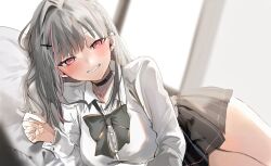 Rule 34 | 1girl, alternate breast size, asumi sena, black choker, black skirt, blush, bow, bowtie, breasts, choker, cross hair ornament, dow suitable, dress shirt, ear piercing, earrings, grey bow, grey bowtie, grey hair, grin, hair ornament, half-closed eyes, heart, heart necklace, highres, jewelry, large breasts, long hair, long sleeves, looking at viewer, lying, miniskirt, multicolored hair, necklace, official alternate costume, on side, piercing, pillow, pink eyes, pink hair, pleated skirt, shirt, skirt, smile, solo, streaked hair, stud earrings, thighs, virtual youtuber, vspo!, window