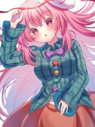 Rule 34 | 1girl, :o, arm up, blush, bow, bowtie, breasts, cowboy shot, hair between eyes, hata no kokoro, highres, long hair, long sleeves, looking at viewer, mask, mask on head, open mouth, pink bow, pink eyes, pink hair, pink skirt, plaid, plaid shirt, shirt, siomi 403, skirt, solo, touhou, very long hair, white background, ||/