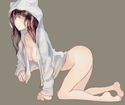 Rule 34 | 1girl, bad id, bad pixiv id, barefoot, bottomless, breasts, brown hair, character request, grey background, hood, hoodie, long hair, naked hoodie, open clothes, open hoodie, simple background, solo, walzrj, yellow eyes