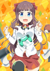 Rule 34 | 10s, 1girl, blue eyes, blush, brown hair, controller, flying sweatdrops, game controller, gamepad, hair ribbon, hedgehog, highres, jitome, long hair, looking at viewer, new game!, open mouth, playstation controller, ponytail, ribbon, solo, soujirou (new game!), squirrel, takimoto hifumi, thighhighs, tomato (lsj44867), wavy mouth