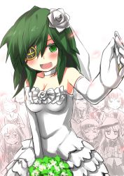Rule 34 | 10s, 6+girls, :d, bare shoulders, blush, bouquet, choker, clapping, commentary request, dress, elbow gloves, eyepatch, flower, frilled dress, frills, gaoo (frpjx283), gloves, green eyes, green hair, hair flower, hair ornament, happy, happy tears, hibiki (kancolle), highres, hyuuga (kancolle), inazuma (kancolle), ise (kancolle), jewelry, kantai collection, kiso (kancolle), kongou (kancolle), long hair, looking at viewer, maya (kancolle), mochizuki (kancolle), multiple girls, open mouth, pov, ring, short hair, smile, strapless, strapless dress, tears, veil, wedding band, wedding dress, white dress