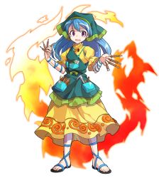 Rule 34 | 1girl, :d, alphes (style), apron, arm ribbon, between fingers, blue hair, blue ribbon, chisel, commentary request, dairi, dress, fire, flower, full body, green apron, haniyasushin keiki, head scarf, highres, holding, jewelry, long hair, looking at viewer, magatama, magatama necklace, necklace, open mouth, parody, pocket, puffy short sleeves, puffy sleeves, purple eyes, revision, ribbon, sandals, short sleeves, smile, solo, standing, style parody, tachi-e, tools, touhou, transparent background, wily beast and weakest creature, yellow dress