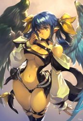 Rule 34 | 1girl, angel wings, arc system works, arm up, asymmetrical wings, belt, black panties, black thighhighs, blue hair, breasts, center opening, choker, cleavage, closed mouth, cloud, cloudy sky, detached sleeves, dizzy (guilty gear), feathered wings, fingernails, flying, guilty gear, guilty gear x, guilty gear xx, hair ribbon, hair rings, highres, large breasts, legs together, long hair, long sleeves, looking at viewer, monster girl, navel, off shoulder, optionaltypo, panties, pointy ears, puffy long sleeves, puffy sleeves, red eyes, ribbon, shaded face, shiny skin, signature, skindentation, sky, solo, stomach, sunlight, tail, tail ornament, tail ribbon, thick thighs, thigh strap, thighhighs, thighs, toned, twintails, underboob, underwear, wide hips, wings, yellow ribbon