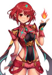 Rule 34 | 1girl, 20060715, absurdres, breasts, covered navel, fire, highres, looking at viewer, medium breasts, pyra (xenoblade), red eyes, red hair, short shorts, shorts, smile, white background, xenoblade chronicles (series), xenoblade chronicles 2