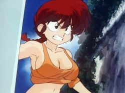 Rule 34 | 1990s (style), 1girl, animated, animated gif, bouncing breasts, breasts, cleavage, cloud, gender request, genderswap, large breasts, navel, no bra, outdoors, ponytail, ranma-chan, ranma 1/2, red hair, retro artstyle, running, saotome ranma, screencap, sky, solo, surfboard, tank top, upper body