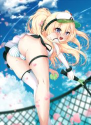 Rule 34 | 1girl, absurdres, ass, azur lane, bache (azur lane), bache (showy sports star) (azur lane), ball, blonde hair, ether core, from behind, highres, long hair, looking at viewer, looking back, panties, polo shirt, racket, shiny skin, skirt, solo, sportswear, standing, striped clothes, striped panties, tennis, tennis ball, tennis court, tennis net, tennis racket, tennis uniform, thighs, underwear, visor cap