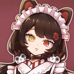 Rule 34 | 1girl, animal ears, black collar, brown hair, closed mouth, collar, dog ears, dog hair ornament, flower, hair flower, hair ornament, head tilt, heterochromia, inui toko, lace trim, long hair, looking at viewer, low twintails, maid, maid headdress, nijisanji, outline, pongari, portrait, red background, red eyes, red flower, simple background, solo, striped, twintails, virtual youtuber, wa maid, yellow eyes