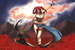 Rule 34 | 1girl, absurdres, adapted costume, blurry, breasts, cleavage, fishnet thighhighs, fishnets, flower, full body, hair bobbles, hair ornament, highres, holding, holding weapon, large breasts, leo23, light rays, looking at viewer, onozuka komachi, outdoors, red eyes, red hair, scythe, sky, solo, spider lily, thighhighs, touhou, two side up, walking, weapon