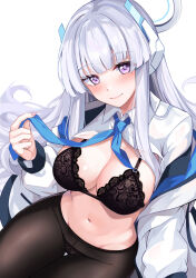 Rule 34 | 1girl, blue archive, blue necktie, blush, bra, breasts, cleavage, grey hair, halo, highres, jacket, konka, lace, lace-trimmed bra, lace-trimmed panties, lace trim, large breasts, long hair, long sleeves, looking at viewer, navel, necktie, noa (blue archive), panties, panties under pantyhose, pantyhose, purple eyes, shirt, sidelocks, smile, solo, thigh gap, underwear, very long hair, white background, white hair, white jacket