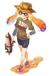 Rule 34 | 1girl, bike shorts, blush, camouflage, fedora, full body, grin, gun, hand on own hip, hat, highres, holding, inkling, inkling girl, inkling player character, layered clothes, layered sleeves, long hair, long sleeves, looking at viewer, nintendo, orange hair, paint splatter, shirt, shoes, short over long sleeves, short sleeves, single vertical stripe, smile, sneakers, solo, splatoon (series), splatoon 1, standing, takano itsuki, tentacle hair, weapon, white background
