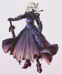 Rule 34 | 1girl, armor, armored dress, artoria pendragon (fate), dress, excalibur morgan (fate), fate/stay night, fate (series), gauntlets, hair ribbon, hands on hilt, planted sword, planted, ribbon, saber (fate), saber alter, shiga (nattou mo), solo, sword, weapon, white hair, yellow eyes
