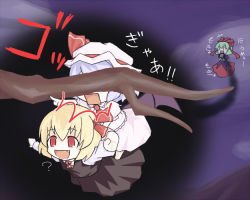 Rule 34 | 3girls, ?, aratami isse, bat wings, blonde hair, branch, chibi, fang, female focus, flying, hat, kagiyama hina, multiple girls, outstretched arms, pointing, red eyes, remilia scarlet, ribbon, rumia, spread arms, touhou, translation request, wings, | |