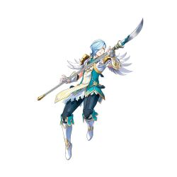 Rule 34 | 1boy, armor, attack, blue hair, feather trim, fingerless gloves, fire emblem, fire emblem fates, fire emblem heroes, gloves, gold trim, hair over one eye, holding, holding polearm, holding weapon, light blue hair, male focus, nintendo, official alternate costume, official art, polearm, shigure (fire emblem), shigure (resplindent) (fire emblem), short hair, shoulder armor, solo, teeth, vambraces, weapon, white background, white footwear, white gloves, yellow eyes