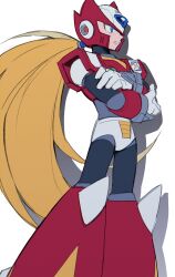Rule 34 | 1boy, armor, blonde hair, blue eyes, boots, chest jewel, crossed arms, feet out of frame, forehead jewel, from side, highres, long hair, mega man (series), mega man x (series), red armor, red footwear, red helmet, shadow, shoulder armor, simple background, sketch, solo, vani (hisha 04), white background, zero (mega man)