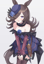 Rule 34 | 1girl, :d, animal ears, bare shoulders, blue flower, blue rose, blush, brown hair, brown thighhighs, commentary request, cowboy shot, dagger, dress, flower, fur collar, grey background, hair over one eye, hat, hat flower, hat over one eye, highres, horse ears, horse girl, horse tail, knife, leaning forward, long hair, long sleeves, musicccc, open mouth, purple dress, purple eyes, rice shower (umamusume), rose, sheath, sheathed, simple background, smile, solo, strapless, strapless dress, tail, thighhighs, umamusume, v arms, weapon, zettai ryouiki