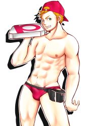 Rule 34 | 1boy, abs, bara, baseball cap, belt, belt pouch, blonde hair, bulge, delivery, eyebrows, facial hair, food, green eyes, hat, highres, male focus, muscular, nipples, pizza, pouch, pubic hair, screencap, simple background, smile, solo, standing, stubble, thick eyebrows, underwear, white background