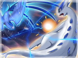 articuno battle bird blue_eyes creatures_(company) crude flying game_freak gen_1_pokemon gen_2_pokemon highres legendary_pokemon lugia nintendo no_humans open_mouth pokemon pokemon_(creature) red_eyes tail wings