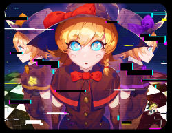 Rule 34 | 2girls, bejili, black capelet, black gloves, black headwear, black vest, blonde hair, blue eyes, blush stickers, bow, bowtie, braid, bright pupils, buttons, capelet, commentary request, cookie (touhou), cowboy shot, elbow gloves, gloves, hair between eyes, hat, hat bow, highres, kirisame marisa, looking afar, looking at viewer, meguru (cookie), mini person, minigirl, multiple girls, open mouth, purple bow, purple bowtie, red bow, red bowtie, short hair, side braid, single braid, star (symbol), static, suzu (cookie), touhou, vest, white pupils, witch hat, yellow bow, yellow bowtie, yuuhi (cookie)