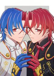 Rule 34 | alear (fire emblem), alear (male) (fire emblem), blue eyes, blue gloves, blue hair, crossed bangs, fire emblem, fire emblem engage, gloves, heterochromia, highres, light frown, light smile, multicolored hair, nintendo, official alternate hair color, red eyes, red gloves, red hair, side-by-side, split-color hair, two-tone hair