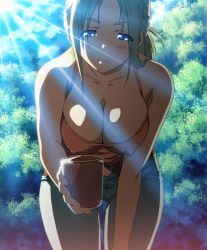 Rule 34 | 1girl, blonde hair, blue eyes, breasts, cleavage, covered erect nipples, cup, day, denim, drink, giving, jeans, kamimura akiko, kouzaka kouhei, large breasts, leaning forward, looking at viewer, mature female, nail polish, official art, outdoors, pants, religious offering, sisters ~natsu no saigo no hi~, smile, solo, sunlight