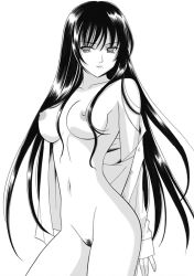 Rule 34 | 00s, 1girl, arms behind back, bottomless, breasts, breasts out, buttons, cowboy shot, dress shirt, female pubic hair, from side, greyscale, groin, kanekiyo miwa, light smile, long hair, long sleeves, looking at viewer, medium breasts, mole, mole under mouth, monochrome, naked shirt, navel, nipples, no bra, off shoulder, open clothes, open shirt, osakabe itoko, pubic hair, school rumble, shirt, simple background, sleeves past wrists, smile, solo, standing, teacher, unbuttoned, uncensored, very long hair, white background