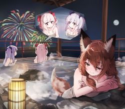 Rule 34 | 3girls, animal ear fluff, animal ears, blue bow, bow, brown eyes, brown hair, commentary request, commission, fireworks, fox ears, fox girl, fox tail, full moon, hair between eyes, hair bow, highres, long hair, looking away, moon, multiple girls, naked towel, nanana (nanana iz), night, onsen, original, partially submerged, railing, red bow, rock, skeb commission, smile, steam, tail, towel, twintails, water, white hair