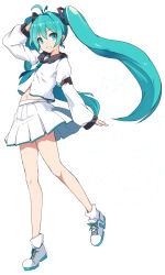 Rule 34 | 1girl, antenna hair, arm behind head, arm up, black sailor collar, blue eyes, blue hair, blue neckerchief, commentary request, fa no hito, grin, hatsune miku, highres, long hair, long sleeves, looking at viewer, navel, neckerchief, pleated skirt, puffy long sleeves, puffy sleeves, sailor collar, shirt, shoes, simple background, skirt, sleeves past wrists, smile, solo, standing, standing on one leg, twintails, very long hair, vocaloid, white background, white footwear, white shirt, white skirt