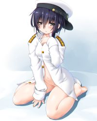 Rule 34 | 1girl, admiral (kancolle), admiral (kancolle) (cosplay), alternate costume, asymmetrical hair, black hair, blush, bottomless, breasts, brown eyes, buttons, commentary request, cosplay, dd (ijigendd), epaulettes, full body, hair between eyes, hand on own chest, hat, highres, i-13 (kancolle), kantai collection, long sleeves, looking at viewer, medium breasts, military, military hat, military uniform, naked shirt, naval uniform, navel, open mouth, parted lips, peaked cap, shirt, short hair, simple background, sitting, solo, uniform, wariza, white background