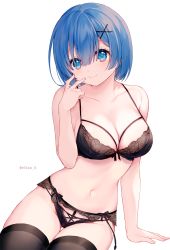 Rule 34 | 1girl, blue eyes, blue hair, blush, bra, breasts, cleavage, closed mouth, eikaa, hair ornament, hand on own face, highres, large breasts, lingerie, looking at viewer, navel, panties, re:zero kara hajimeru isekai seikatsu, rem (re:zero), short hair, signature, simple background, smile, solo, thighhighs, thighs, underwear, white background