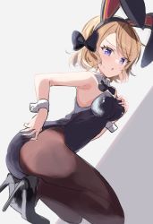 Rule 34 | 1girl, :o, acchii (akina), adjusting clothes, adjusting leotard, animal ears, ass, azur lane, black bow, black footwear, black leotard, black pantyhose, blonde hair, blue eyes, bow, bowtie, breasts, commentary request, detached collar, dutch angle, fake animal ears, fake tail, hair bow, high heels, highres, leotard, looking at viewer, medium breasts, open mouth, pantyhose, playboy bunny, rabbit ears, rabbit tail, short hair, solo, squatting, strapless, strapless leotard, tail, traditional bowtie, wrist cuffs, z23 (azur lane)