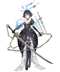 Rule 34 | 1girl, alice (sinoalice), black dress, blue hair, boots, breasts, chain, choker, crossed legs, dark blue hair, dress, elbow gloves, floating, floating object, floating sword, floating weapon, full body, gloves, hairband, holding, holding sword, holding weapon, ji no, looking at viewer, medium breasts, official art, red eyes, short hair, single elbow glove, sinoalice, solo, sword, tattoo, thigh boots, thighhighs, transparent background, watson cross, weapon
