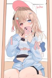 Rule 34 | 1girl, baseball cap, black camisole, blue eyes, blue jacket, blue nails, blue shorts, blush, braid, brown hair, camisole, cellphone, commentary, covered mouth, crop top, english commentary, hair ornament, hairclip, hands up, hat, head tilt, heterochromia, highres, hitsukuya, holding, holding phone, hood, hood down, hooded jacket, jacket, long hair, long sleeves, looking at viewer, mirror, multicolored hair, multicolored nails, nail polish, navel, off-shoulder shirt, off shoulder, open clothes, open jacket, original, phone, pink hair, pink nails, puffy long sleeves, puffy sleeves, red eyes, reflection, selfie, shirt, short shorts, shorts, signature, sitting, sleeves past wrists, solo, streaked hair, wariza, white hat, white shirt