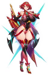 Rule 34 | 1girl, adapted costume, aegis sword (xenoblade), armored leotard, bare shoulders, boots, breasts, core crystal (xenoblade), covered navel, detached sleeves, full body, gluteal fold, gurimjang, high heel boots, high heels, highleg, highleg leotard, highres, impossible clothes, large breasts, leotard, looking at viewer, pyra (xenoblade), red eyes, red hair, short hair, smile, solo, swept bangs, thick thighs, thigh gap, thighhighs, thighs, xenoblade chronicles (series), xenoblade chronicles 2
