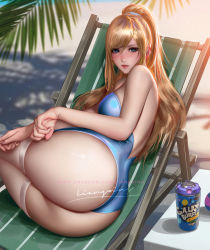 Rule 34 | 1girl, ass, beach, beach chair, blonde hair, blue eyes, blue one-piece swimsuit, blush, breasts, can, commentary, english commentary, high ponytail, highres, liang xing, lips, long hair, looking at viewer, looking back, lying, metroid, mole, mole on arm, mole on back, mole on shoulder, mole under mouth, nintendo, on side, one-piece swimsuit, parted lips, samus aran, sand, shade, solo, swimsuit, thighhighs, thighs, wet, white thighhighs